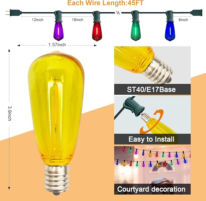 45Ft Multicolor Outdoor String Lights, ST40 Vintage Patio Lights with 32 LED Dimmable Edison Bulb (2 Spare), Christmas Colorful String Lights for Outdoor Patio Bistro Gazebo Pergola Backyard