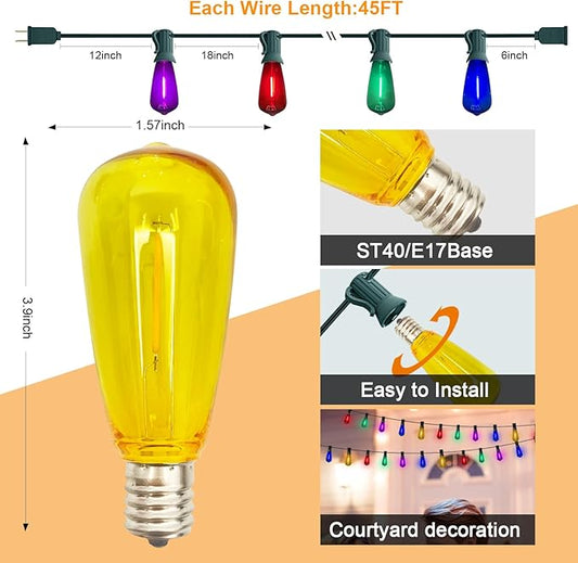 45Ft Multicolor Outdoor String Lights, ST40 Vintage Patio Lights with 32 LED Dimmable Edison Bulb (2 Spare), Christmas Colorful String Lights for Outdoor Patio Bistro Gazebo Pergola Backyard