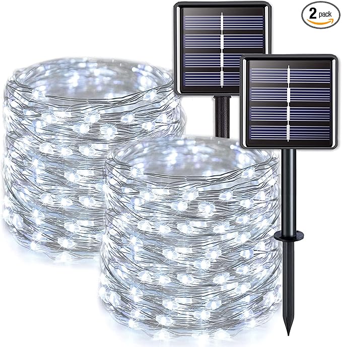 JMEXSUSS 2 Pack Solar String Lights Outdoor Waterproof, Each 33FT 100 LED Solar Christmas Lights Outdoor, 8 Modes White Fairy Light for Outside Yard Tree Patio Garden Wedding Christmas Decorations