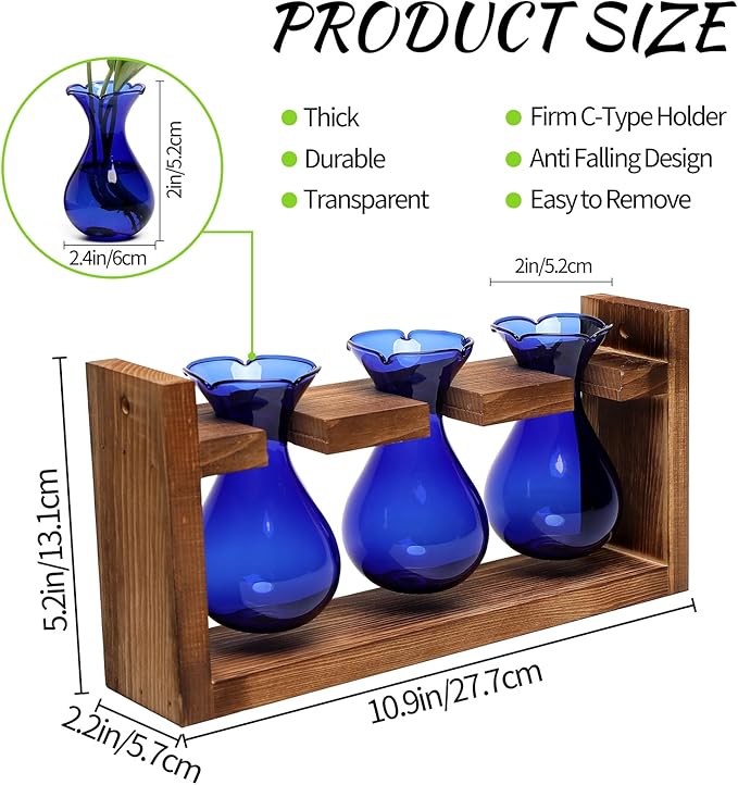 Plant Propagation Station Plant Terrarium Unique Birthday Gifts for Women Home Office Decor Planter with Wooden Stand - 3 Bulb Glass Vase