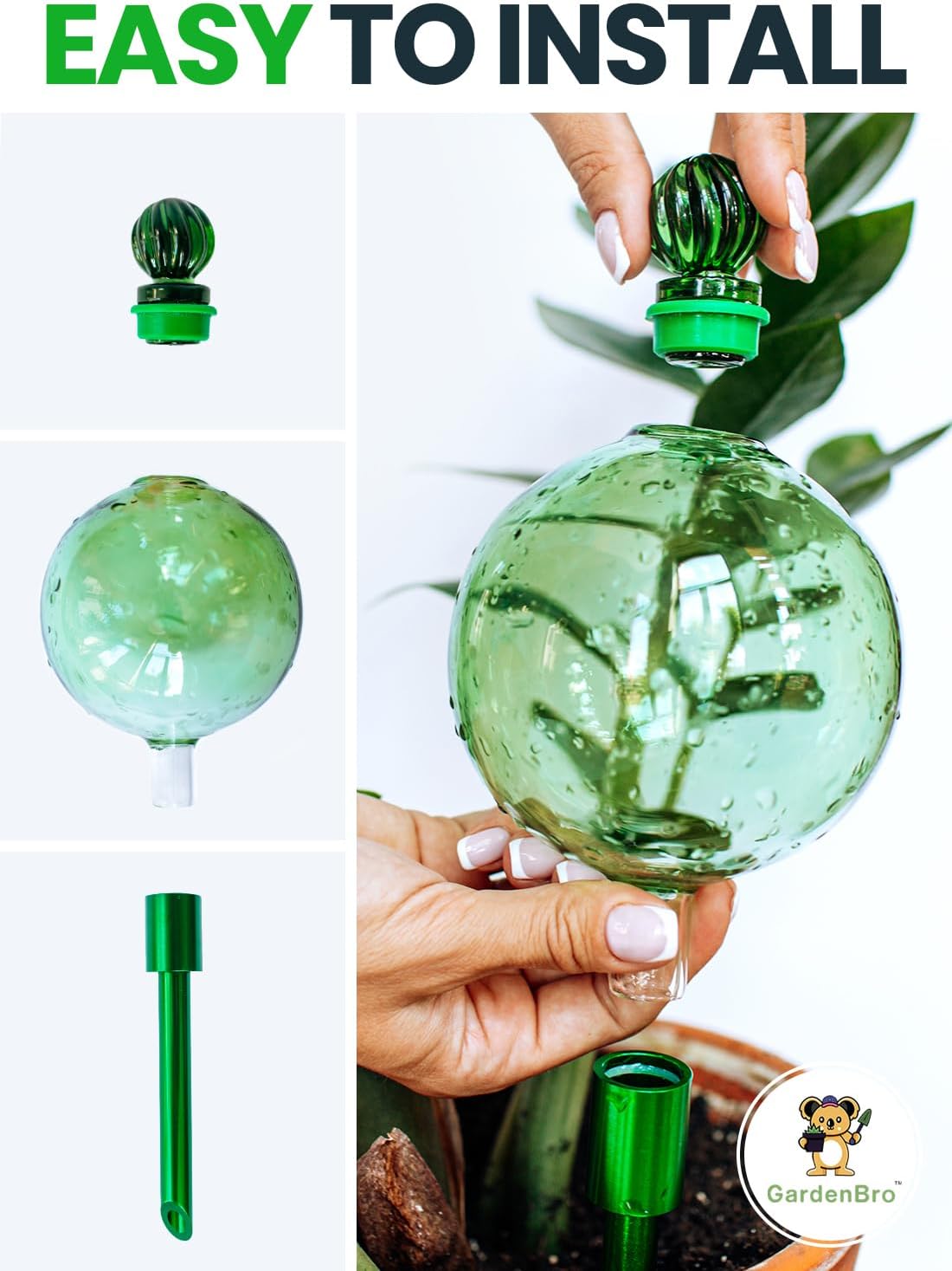 16 Oz Plant Watering Globes for Indoor Plants with Metal Self Watering Planter Insert - Premium XL Glass Hand-Blown Globe - Automatic Plant Waterer Indoor, Gift Idea for Gardeners [1 Globe, Green]