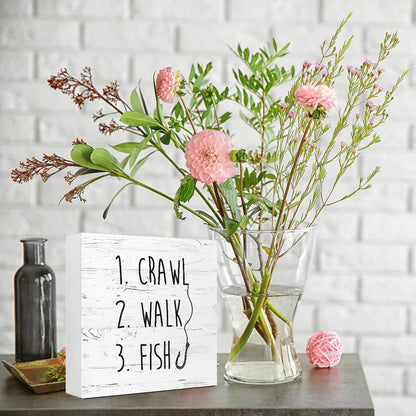 White Crawl Walk Fish Rustic Wooden Sign Desk Decor, Funny Baby Fishing Wood Block Sign for Home Bedroom Baby Room Shelf Table