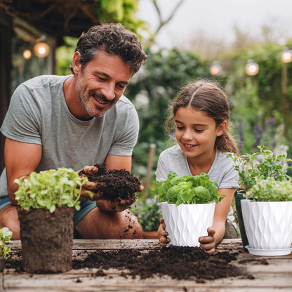 7 inch Plant Pots for Indoor Outdoor Plants, 5 Pack Thick Nursery Pots with Drainage Holes and Saucers, 3D Modern Wave Texture Plastic Planter Pots for Flowers and House Plants, White