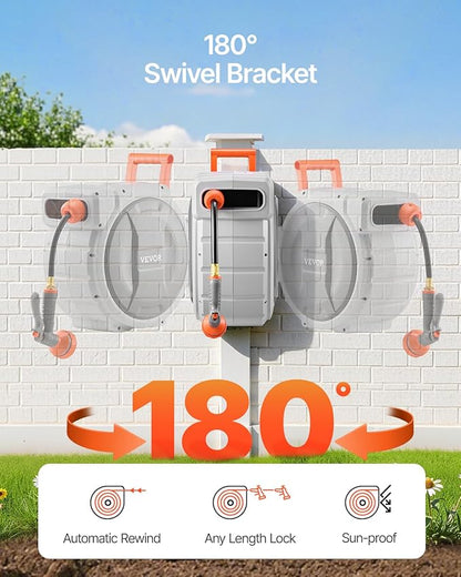 VEVOR Retractable Garden Hose Reel, 1/2 Inch x 84 ft Wall Mounted Heavy Duty Garden Hose Reel with 9 Patterns Nozzle, Any Length Lock, Upgraded Slow Return System and 180°Swivel Bracket