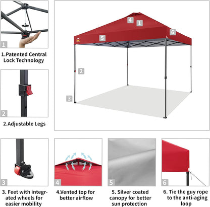 CROWN SHADES 10x10 Pop Up Canopy Tent - Patented Center Lock One Push Instant Outdoor Canopy Beach Tent with STO-N-Go Bag 8 Stakes & 4 Sand Bags，Red