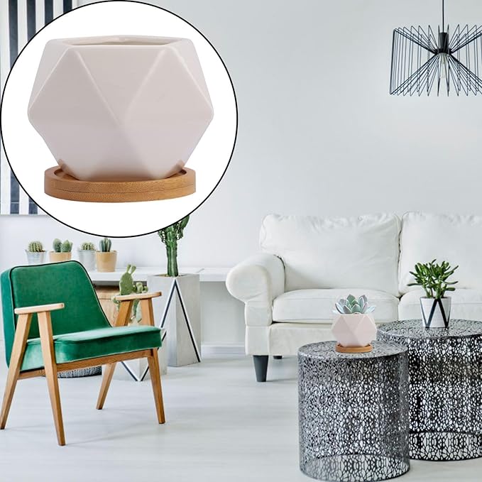 3 Sets Ceramic Succulent Flowerpot with Tray Geometric Bonsai Planter Pots for Indoor Succulents Seedling Pots with Air Permeability Cute Home Garden Decor