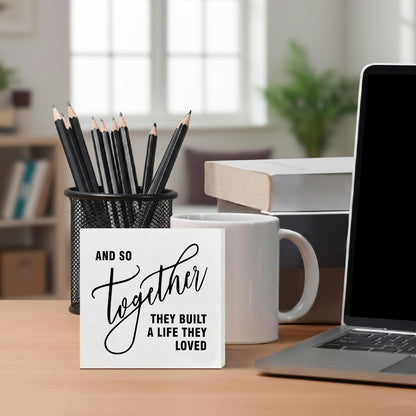 Family Decor, Together They Built A Life Rustic Farmhouse Wooden Box Sign, Family Home Decorations for Living Room Bedroom Desk Table Shelf