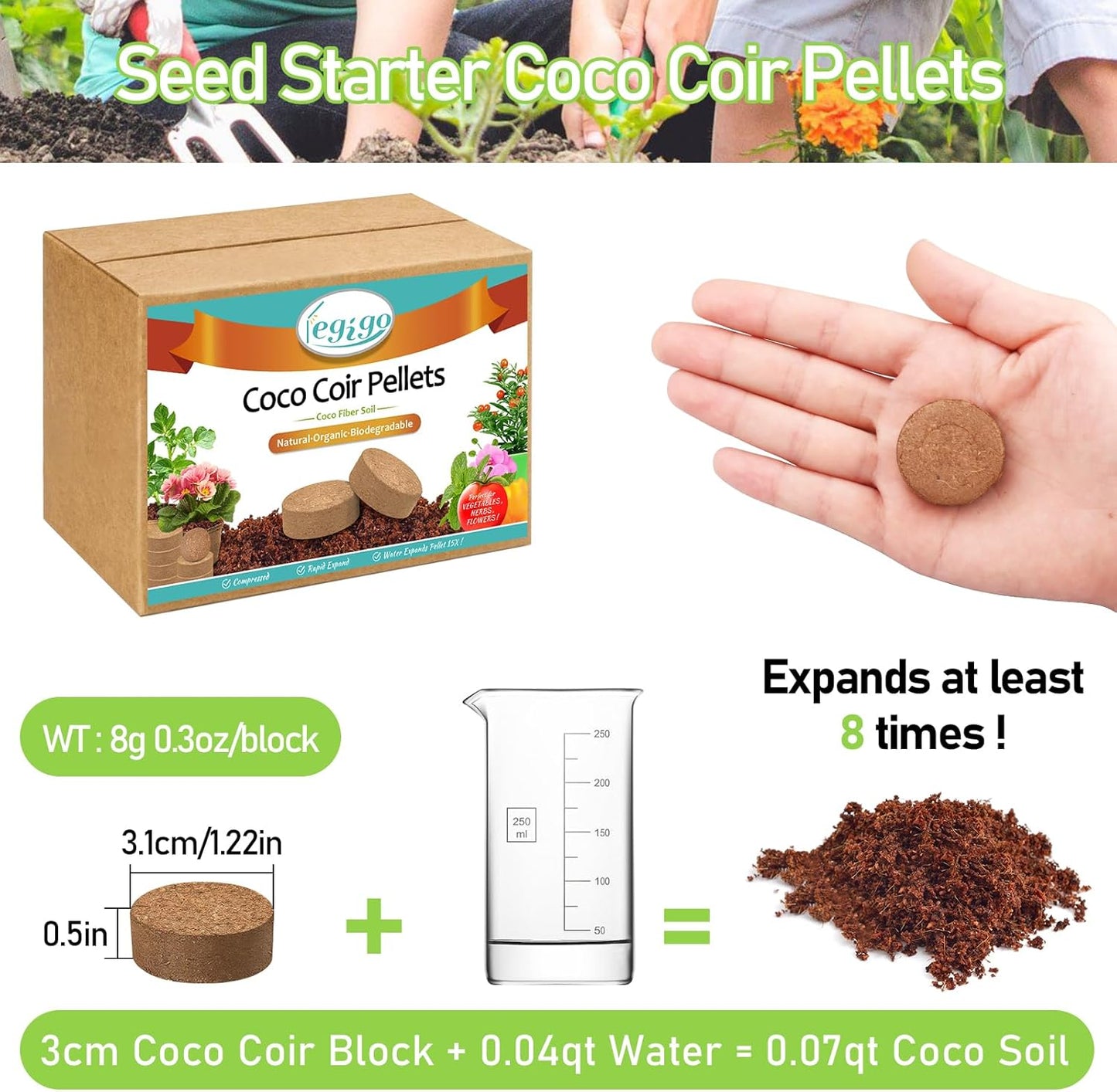 Legigo 200 Pcs 30mm Coco Coir Pellets Seed Starting Soil Mix- Compressed Coconut Coir Pellets Potting Soil Pods for Seedling, Coco Peat Soil Discs for Indoor & Outdoor Plants, Herb Vegetables Flowers
