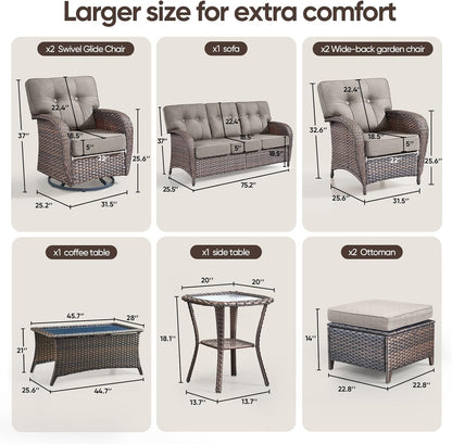 9-Piece Rotating Balcony Chair Set with 31-inch T-Shaped Wide backrest - Rattan Outdoor Rotating Balcony Chairs, Wide backrest Comfortable Outdoor Sliding Chair - Brown | Grey