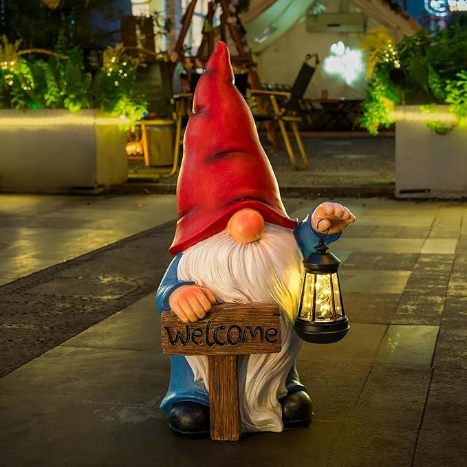 22" Solar Large Gnome Garden Statue Big Gnome with Welcome Sign Outdoor Decor with LED Lantern Home Porch Yard Patio Lawn Ornament Christmas Housewarming Gardening Gift