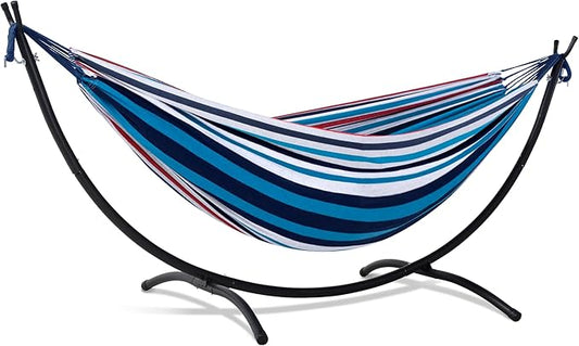 SUNCREAT Hammocks for Outside with Stand, Porch Hammock and Stand, 475 lbs Capacity, Blue & Red Stripes