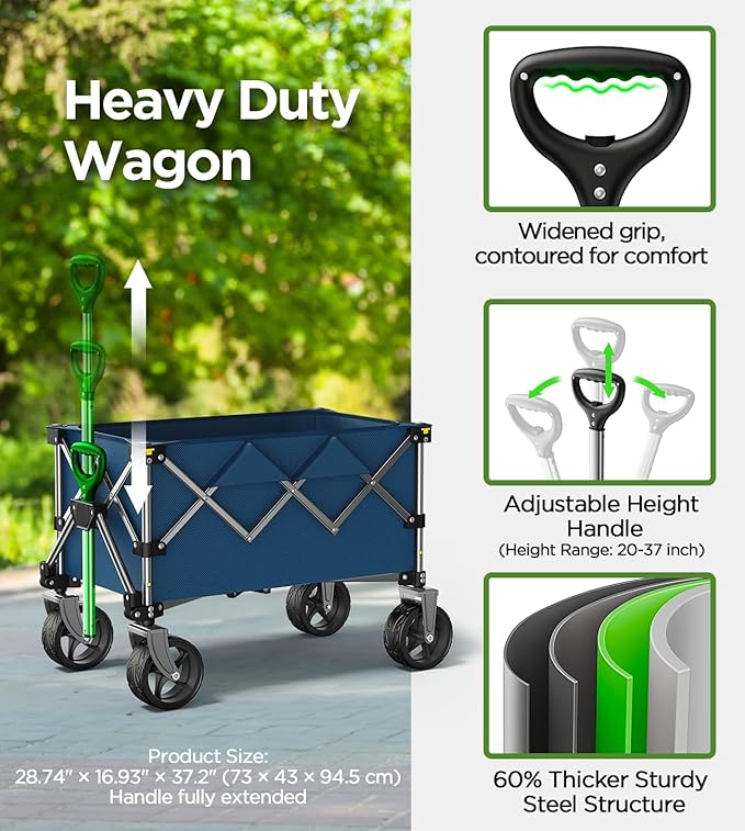 Beach Wagon,Collapsible-Wagon 220lbs with Big Wheels FoldableWagon Carts,Portable Utility for Garden Grocery Sports Camping All Terrain-Blue