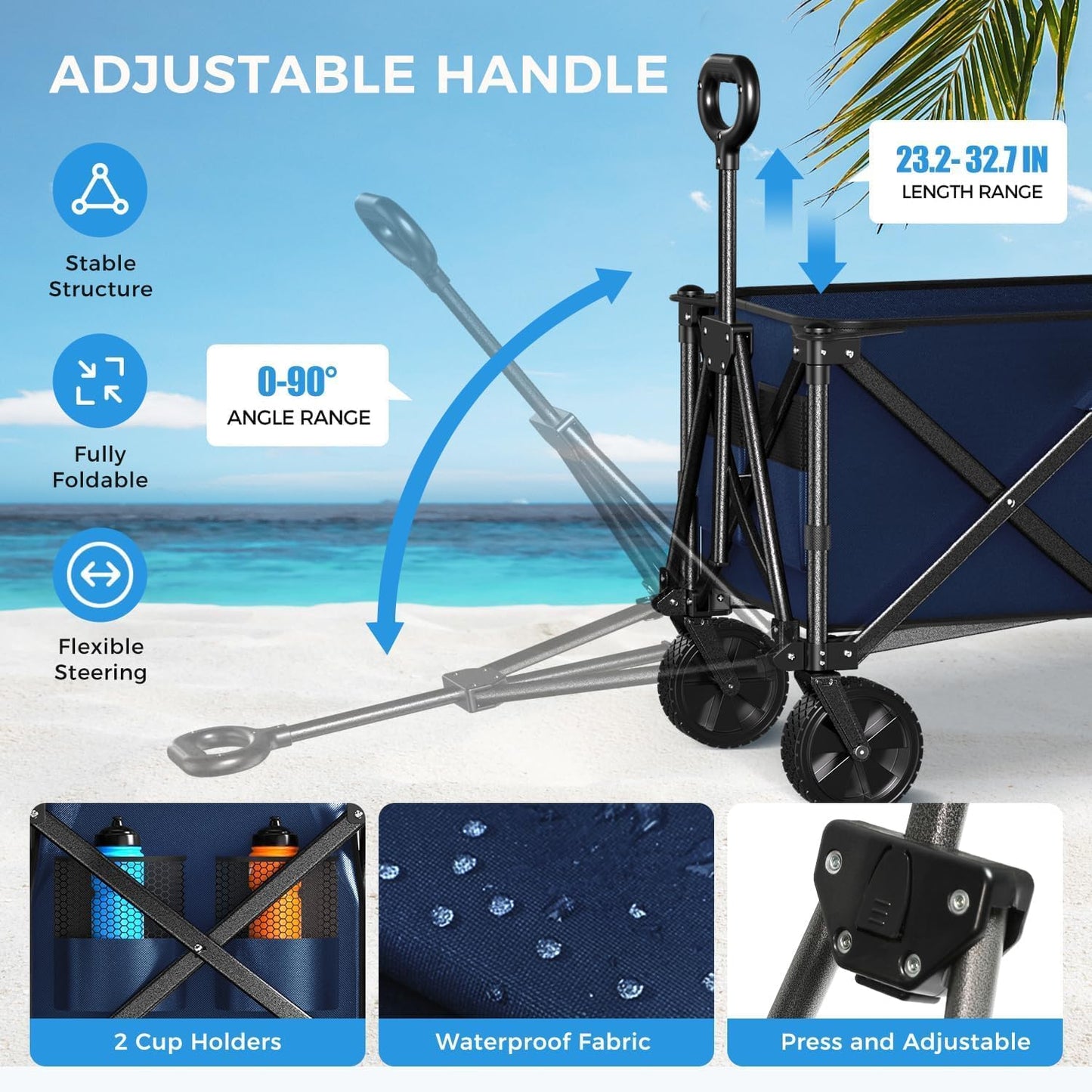 Collapsible Wagon Cart Foldable with 300lbs Load-Bearing, Heavy Duty Folding Wagons Carts with All Terrain Wheels, Utility Beach Wagon for Outdoor Garden, Camping Shopping Sports,U-2 Blue