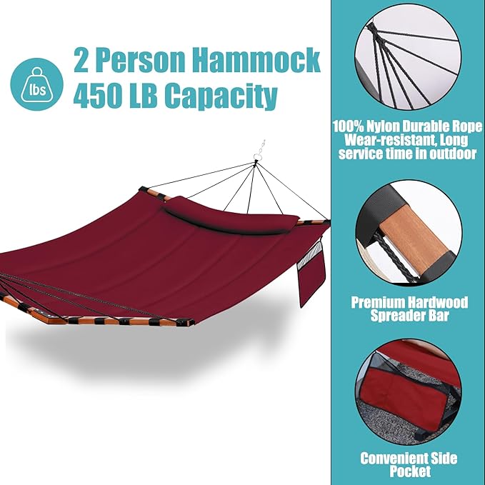 TegerDeger 12FT 2 Person Hammock Large Hammock 450LB Capacity Hardwood Spreader Bar & Nylon Rope for Outside, Patio, Garden, Backyard, Beach, Poolside - Red