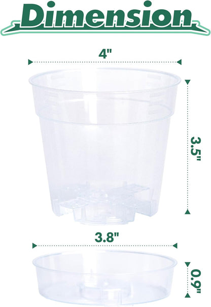 4 Inch Clear Plastic Plant Pot with Drainage Holes, Interlocking & Detachable Tray - Deep Saucer - Durable BPA-Free Plastic, Transparent Design, Raised Base for Airflow, Set of 24, 92-X-C-2