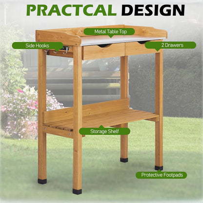 Outdoor Potting Bench Garden Work Station, Solid Wood Planting Table w/Sink Drawer Shelves,Metal Top, Folding Patio Furniture for Porch Balcony (29.8 x 14.6 x 36.4(Fir Wood Color))