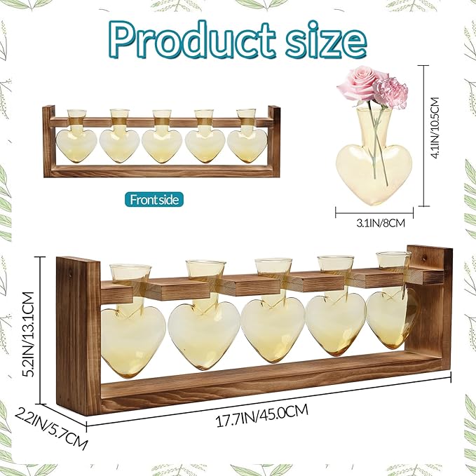 Plant Terrarium Hanging Propagation Stations Gift for Women Air Plants Holder with Wooden Stand Heart Glass