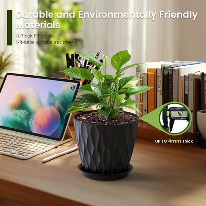 7 inch Plant Pots for Indoor Outdoor Plants, 5 Pack Thick Nursery Pots with Drainage Holes and Saucers, 3D Modern Wave Texture Plastic Planter Pots for Flowers and House Plants, Black