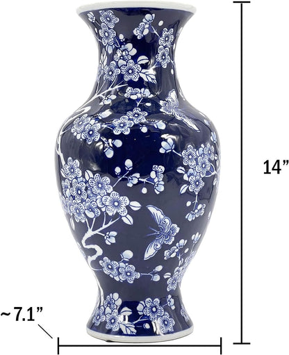Galt International Dark Blue Floral Chinoiserie Ceramic Vase 14"- Hand Painted Antique Style Porcelain Butterfly & Flower Bottle Fishtail Porcelain Chinese Vase for Home Decor Centerpiece