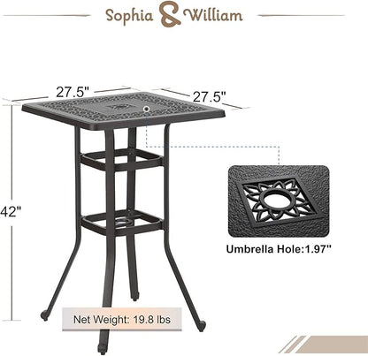 Sophia & William 3 Pieces Cast Aluminum Patio Bar Set, Square Outdoor Bar Table and 2 Swivel Bar Counter Height Chairs Set, Modern Patio Pub Bistro Set with Outdoor Stools