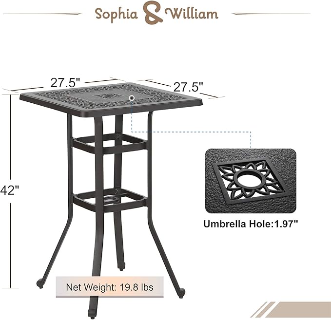 Sophia & William Cast Aluminium Patio Bar Height Table Square with 1.97" Umbrella Hole, Premium Bronze Outdoor Tall Pub Height Bistro Table for Porch Balcony Backyard