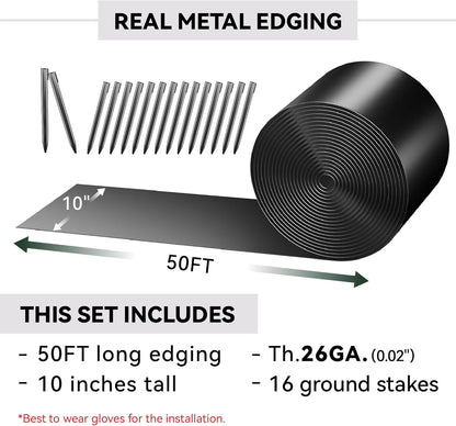 Metal Garden Landscape Edging with 16Pcs Stakes, 10" x 50Ft Galvanized Steel Lawn Edgings Roll Flexible Coil Border for Landcaping,Flower Bed,Black