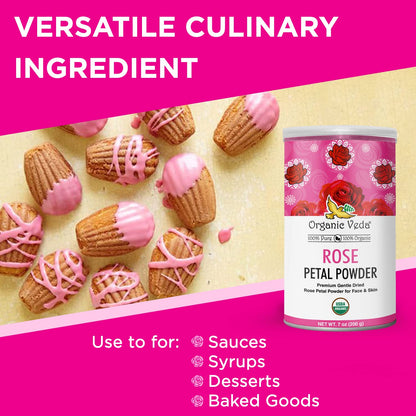 Organic Veda Edible Rose Petal Powder - Organic Rose Petal Powder for Cooking, Herbal Tea, Smoothies, Toppings - Natural Rose Petal Powder for DIY Face Masks, Skin, Hair Care - Vegan, No Gluten - 16oz