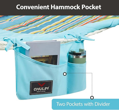 Outdoor Double Hammock with Hardwood Spreader Bars, Large Rope Hammock with Polyester Pad and Pillow, 475 LBS Capacity for 2 Person Patio Backyard Poolside - Bule Stripe