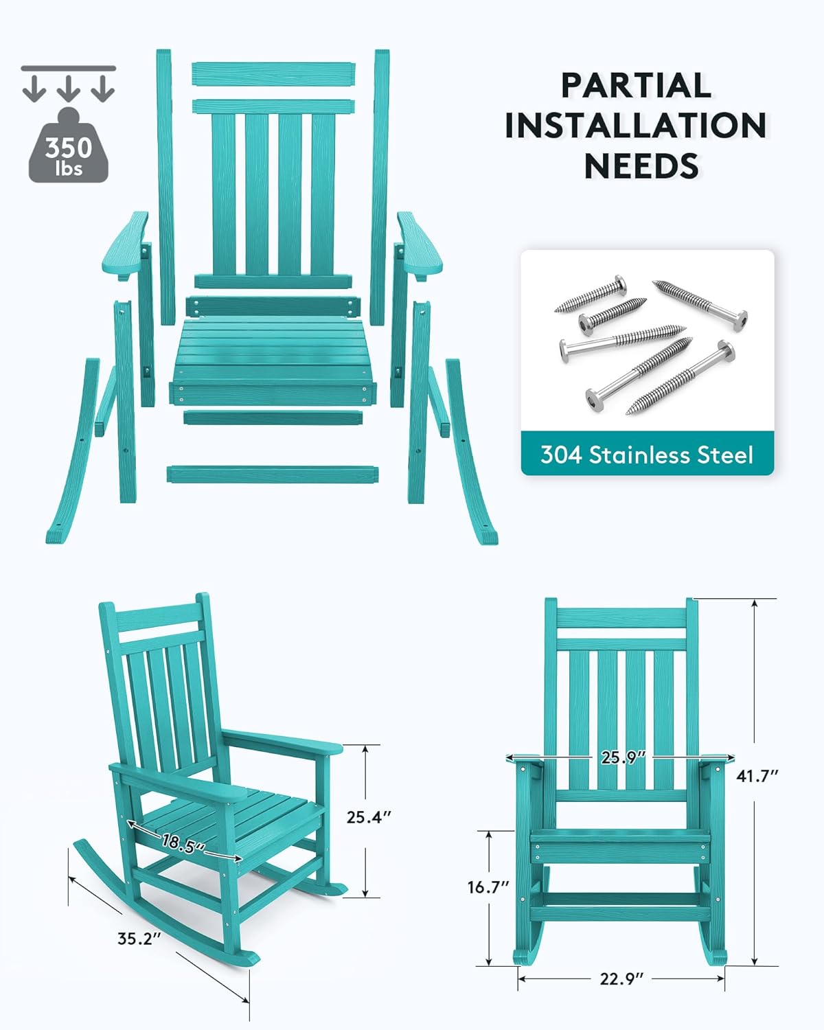 SERWALL HDPE Rocking Chair, Outdoor Rocking Chair for Adults, All Weather Porch Rocker for Lawn Garden, Aruba