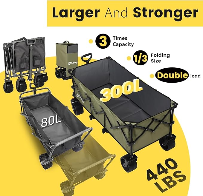 Sekey 48''L Collapsible Foldable Extended Wagon with 440lbs Weight Capacity, Heavy Duty 300L Folding Utility Garden Cart with Big All-Terrain Beach Wheels & Drink Holders. Khaki