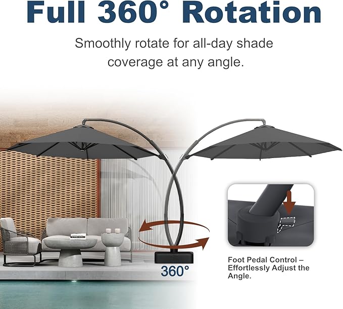 11FT Cantilever Umbrella with Base Large Curvy Outdoor Aluminum Offset Umbrella w/ 360° Rotation, UV Resistant Canopy for Patio, Garden, Backyard, Gray
