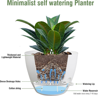 12 inch Large Self Watering Pots for Indoor Outdoor Plants, Plant Pots with Mesh Drainage Holes for Garden House Plants, Plastic Planters with Reservoir for Flower Plants, White