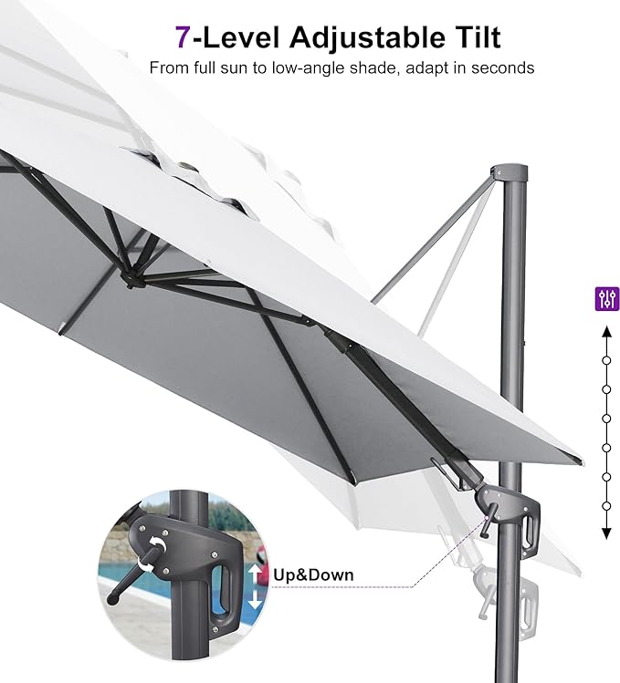PURPLE LEAF 10' X 10' Swivel Outdoor Patio Aluminum Umbrella with Base Left-right Tilting Cantilever Offset Umbrella with UV Resistant Heavy Duty Fabric for Deck Pool Patio Backyard, Pebble Grey