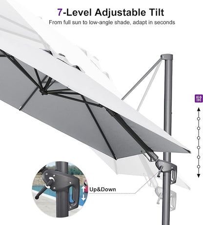 PURPLE LEAF 10' X 10' Swivel Outdoor Patio Aluminum Umbrella with Base Left-right Tilting Cantilever Offset Umbrella with UV Resistant Heavy Duty Fabric for Deck Pool Patio Backyard, Pebble Grey