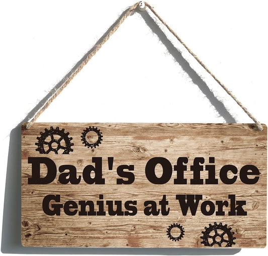 Dad Sign Gift Farmhouse Dad's Office Genius At Work Wooden Hanging Sign Plaque Retro Wall Art Decor Home Decoration 12 x 6 Inches