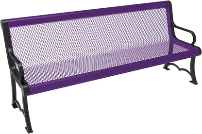 Heavy-Duty Outdoor Bench Thermoplastic Coated, Expanded Metal, Commercial-Grade Garden Bench, Made in America (Portable with Back, 6 Ft, Textured Purple)