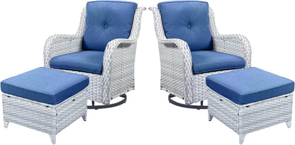 4 Pieces Patio Furniture Sets, Wicker Patio Swivel Glider Chair with Ottomans, Outdoor Furniture Set for Outside Porch Deck Balcony, Light Grey