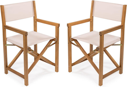 JONATHAN Y DRC1000B-SET2 Cukor Classic Vintage Outdoor Acacia Wood Folding Director Chair with Canvas Seat Classic, Vintage, Mid-Century, Modern, Traditional, Coastal, Beige/Teak Brown (Set of 2)