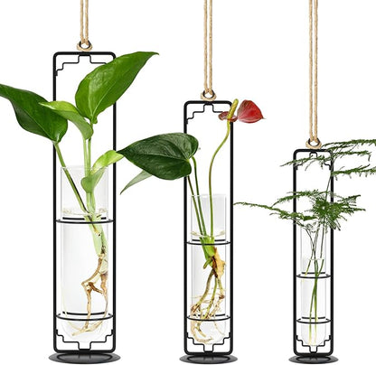 MIPON Plant Propagation Stations,Hanging Glass Propagation Test Tube Vases for Plants with Gold Metal Stand for Hydroponic Cutting Home Garden Office Decor-Black