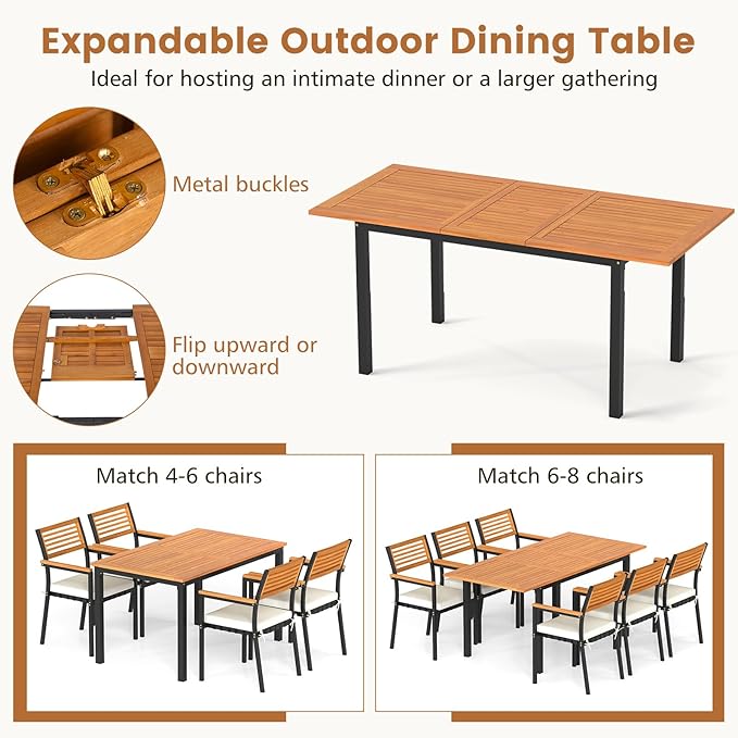 Tangkula 7-Piece Patio Dining Set, Outdoor Acacia Wood Cushioned Chairs and 51”-64” Expandable Rectangular Table Set, with Umbrella Hole, 6 Stackable Armchairs, for Poolside Garden (Off White)