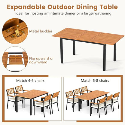 Tangkula 7-Piece Patio Dining Set, Outdoor Acacia Wood Cushioned Chairs and 51”-64” Expandable Rectangular Table Set, with Umbrella Hole, 6 Stackable Armchairs, for Poolside Garden (Off White)