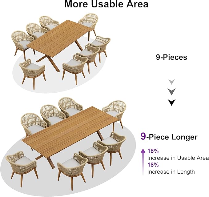 PURPLE LEAF 9 Piece Longer Patio Dining Set with Outdoor Aluminium Dining Table and Woven Chairs Modern Metal Furniture Cushions Sets for Garden Yard Indoor Decor Kitchen Teak