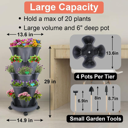 DUNCHATY Stackable Planter, Vertical Strawberry Planter with Garen Tool Set, Self Watering Garden Planter Indoor/Outdoor 5 Tier Herb Planter Pots for Growing Vegetables and Succulents, Dark Gray