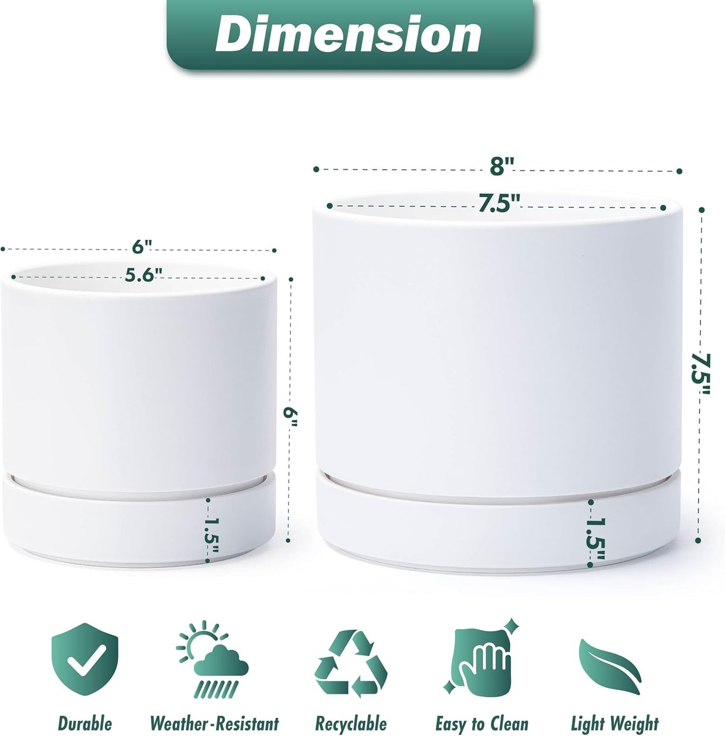 Phoenix Vine 6 Inch and 8 Inch Planter Pot with Drainage Hole & Deep Water Catch Tray Saucer, Straight Cylindrical Round Pot for Plants, Matte White, 23-A-1-Y