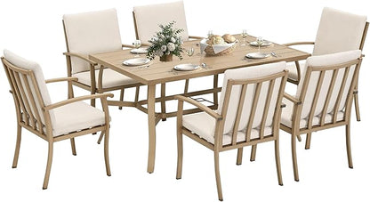 HAPPATIO 7 Piece Patio Dining Set, Aluminum Outdoor Dining Set for 6, Aluminum Dining Table and Chairs Set, Patio Furniture with Table, Chairs and Washable Cushions (Beige)