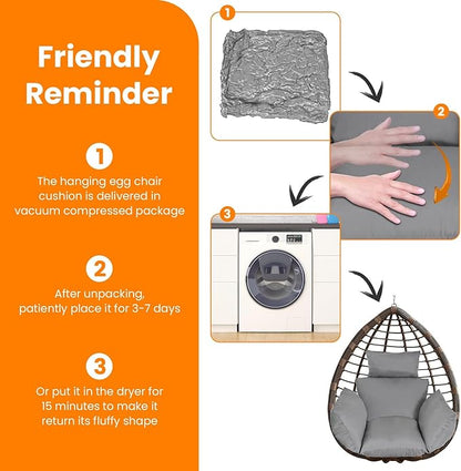 Egg Chair Cushion, Hanging Basket Hammock Seat Cushion, Thick Soft Egg Swing Chair Pad with Headrest for Patio Porch Furniture Outdoor (Grey, 39.37x45.28x4.72in)