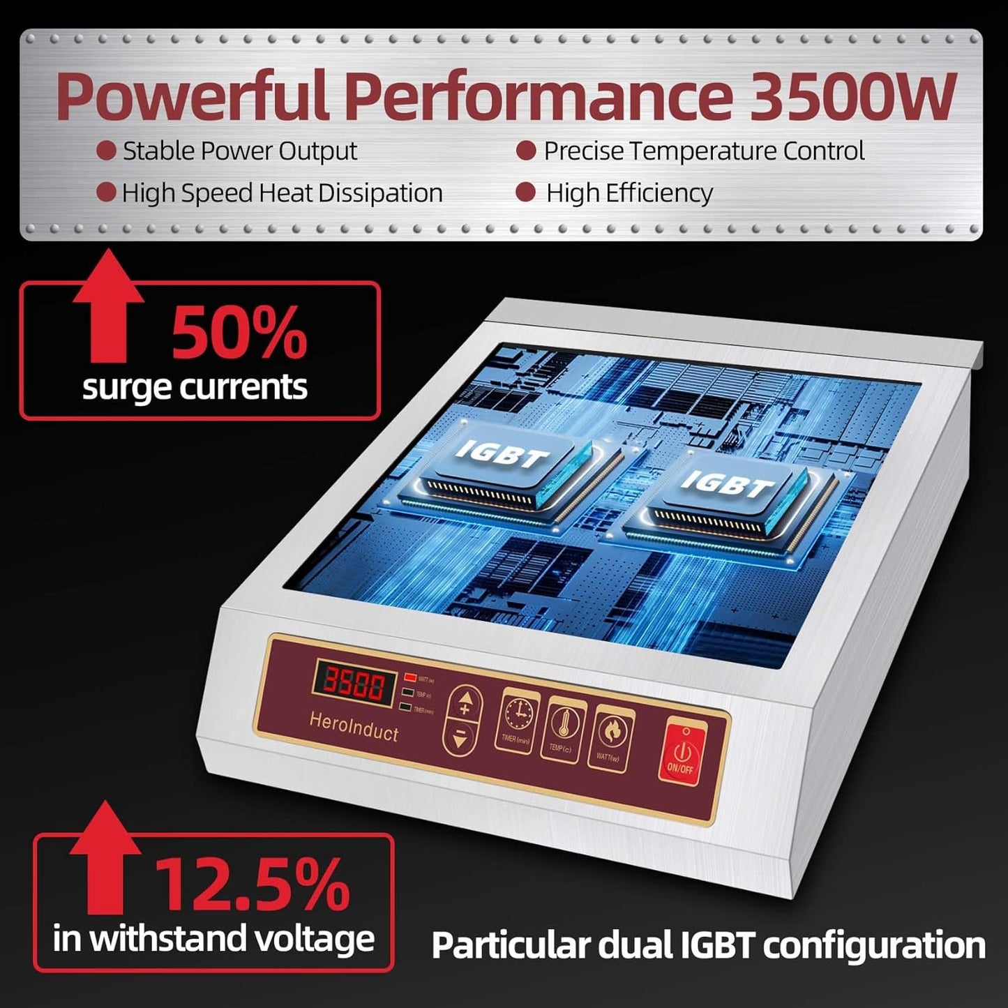Induction Cooktop 208-240V 3500W Commercial Range Induction Burner Dual IGBT Modules 8 Heating Level Sensor Push-Button Premium Stainless Steel Housing Crystal Glass Electric Cooktop（Red）