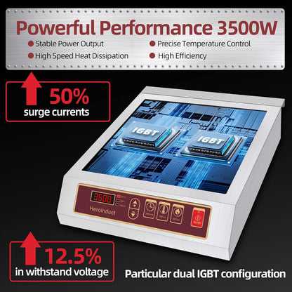 Induction Cooktop 208-240V 3500W Commercial Range Induction Burner Dual IGBT Modules 8 Heating Level Sensor Push-Button Premium Stainless Steel Housing Crystal Glass Electric Cooktop（Red）