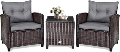 KOTEK 3 Piece Patio Furniture Set, Outdoor Conversation Set with Washable Cushions & Tempered Glass Tabletop, PE Rattan Wicker Bistro Set for Porch, Garden, Balcony (Grey)