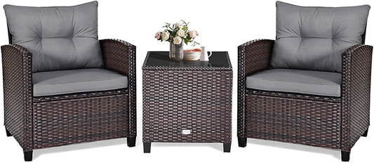 KOTEK 3 Piece Patio Furniture Set, Outdoor Conversation Set with Washable Cushions & Tempered Glass Tabletop, PE Rattan Wicker Bistro Set for Porch, Garden, Balcony (Grey)